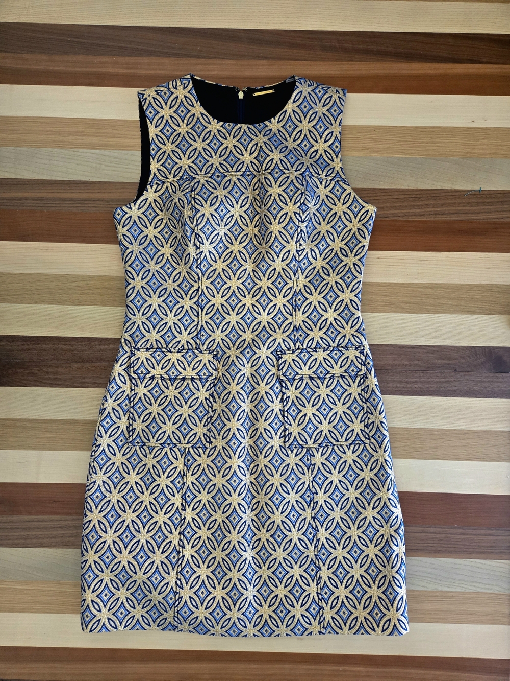 Elie Tahari Blue and Gold Geometric Mini Dress